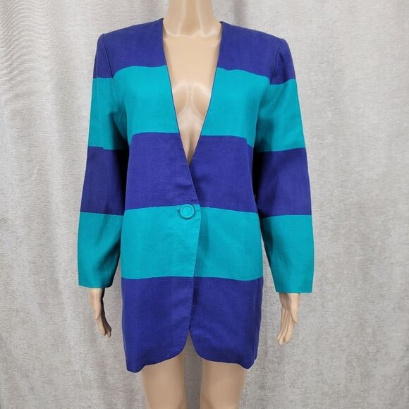 Linda Lewis Vintage Linen Blue and Teal Women's Longline Blazer Jacket - Picture 3 of 10